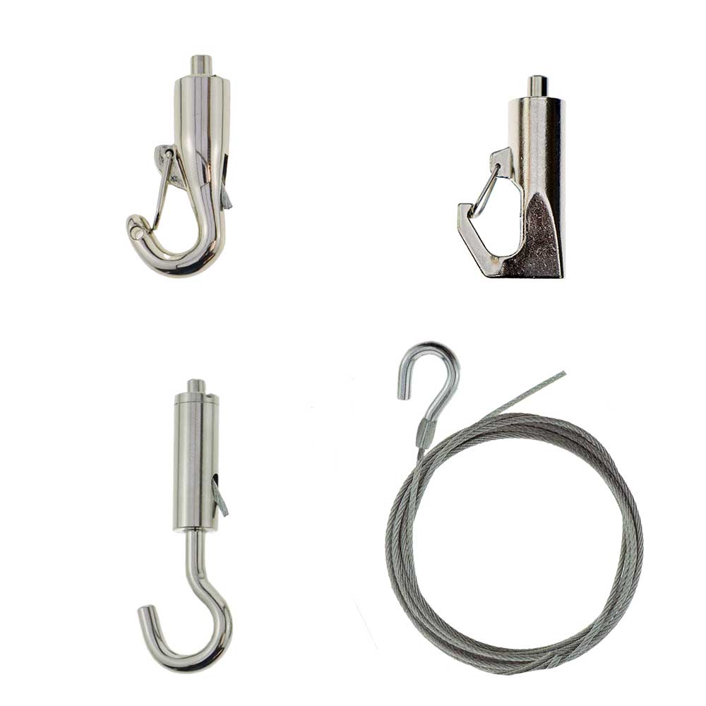 Image shows a safe hook, bee-line hook, straight hook and hook ended cable.