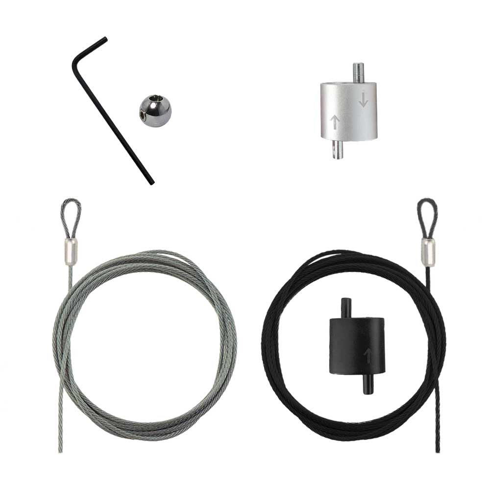 Image shows four items - a perla with an allen key, an urban trapeze, a silver loop ended cable and a black loop ended cable with a black urban trapeze in the middle of the cable.